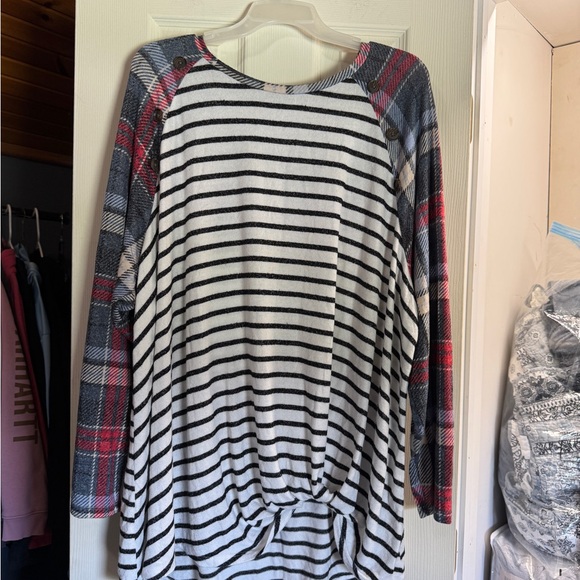 Maurices Tops - Maurices Black & White Striped Top with Blue Plaid Trim